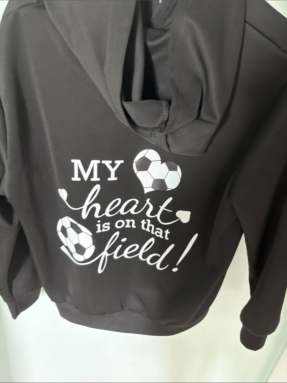 Black Soccer Hoodie with White Graphic - "My Heart Is On That Field"